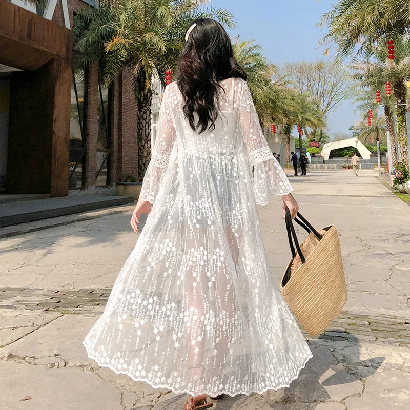 2019 Long White Lace Beach Cover Up Women Elegant Beach Dress Plus Size Long Sleeve Bikini Cover