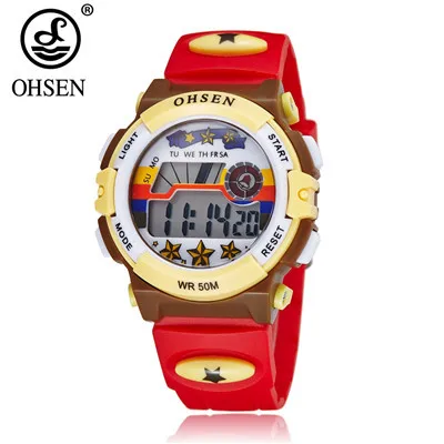 Топ продаж OHSEN Kids lcd Цифровые детские спортивные часы для мальчиков, наручные часы, модные детские часы 50 м, будильник для плавания, студенческие синие детские часы, подарок - Цвет: Red