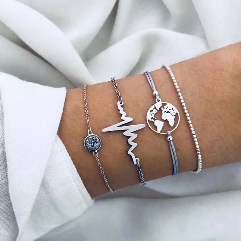 

4pcs/set Boho Heartbeat Link Chain Bracelets Women Fashion Silver Color Map Round Beads Rope Bracelet Women Bohemian Jewelry