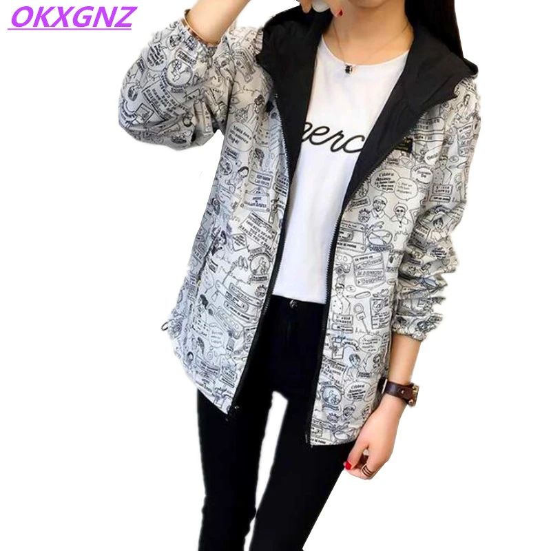 2018 Spring Autumn Women Basic Jacket Pocket Zipper Hooded Two Side Wear Cartoon Print Outwear Loose Coat Windbreaker Female 101 2018 Spring Autumn Women Basic Jacket Pocket Zipper Hooded Two Side Wear Cartoon Print Outwear Loose Coat Windbreaker Female 101