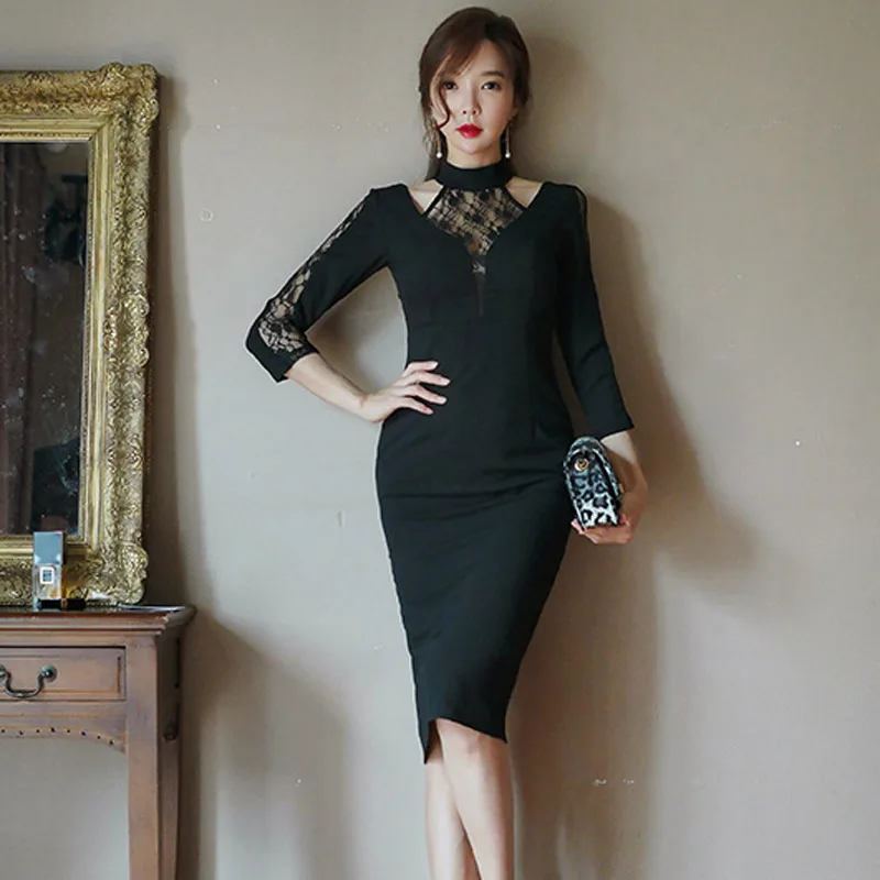 Wholesale Korean style Fashion Women Dress Black Female O Neck Sexy ...