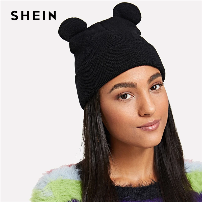 SHEIN Black Solid Color Ear Knit Beanie Casual Hat All Matched Warm