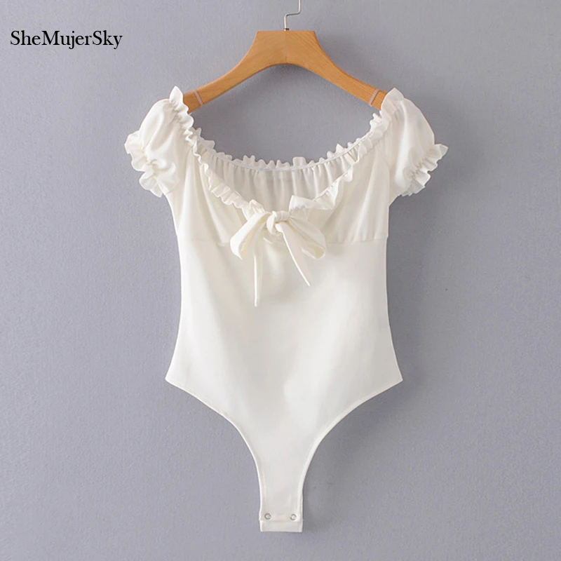 

SheMujerSky White Off Shoulder Ruffles Women Bodysuit Bow Bodysuits Body Femme Sexy Jumpsuits