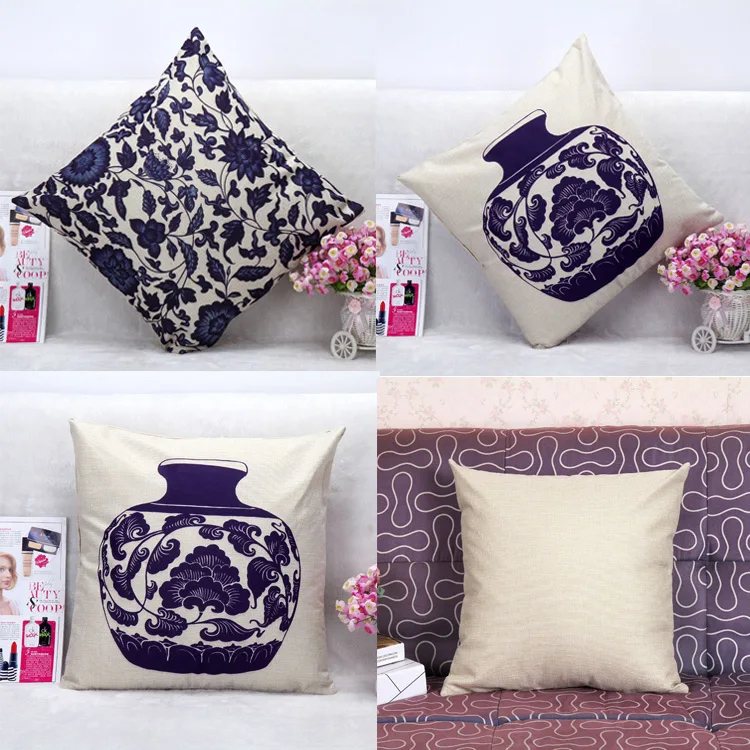 China Blue And White Porcelain Soft Cotton Throw Pillow Case Cover Home Office Decorative ...
