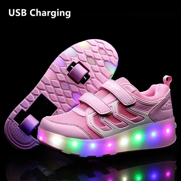 Heelies USB зарядка светодиодный Красочные Дети Мода кроссовки с два колеса роликовые коньки обувь для мальчиков и девочек синий - Цвет: T3 Pink