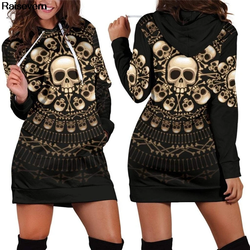 Bones Skulls Hoodie Dress Women 2019 Spring Autumn Long Sleeve Hoodies