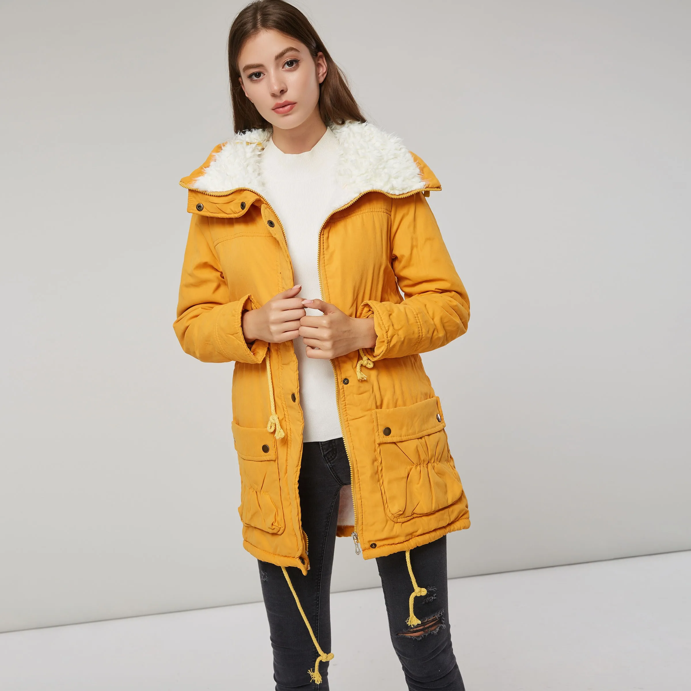 Women Preppy Style Drawstring Faux Fur Winter Parka Jacket Slim Thick ...