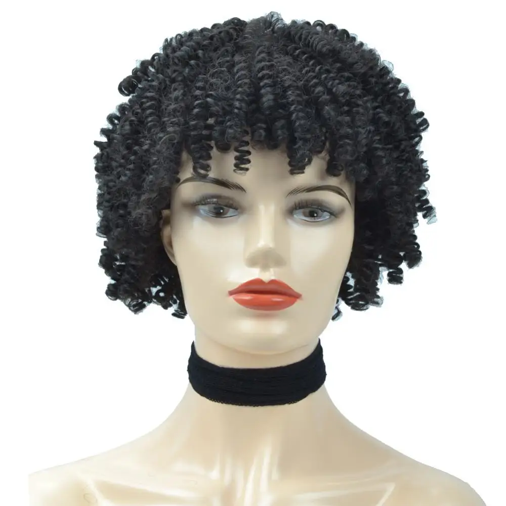Лучший! Afro Kinky Curly Wigs Парики с полной челкой Синтетический короткий парик Натуральный черный Ombre