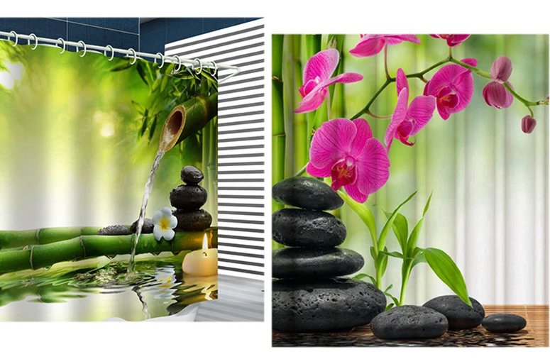 Bamboo Shower Curtain with Hooks Green Waterproof Bathroom Fabric Curtains for Home Decorations