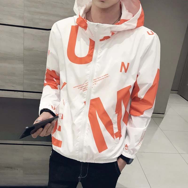 

Fashion Jackets Men Chaqueta Hombre Sunscreen 2019 Chaqueta Hombre Streetwear Bomber Jacket Orange Print Outwear Coat Summer