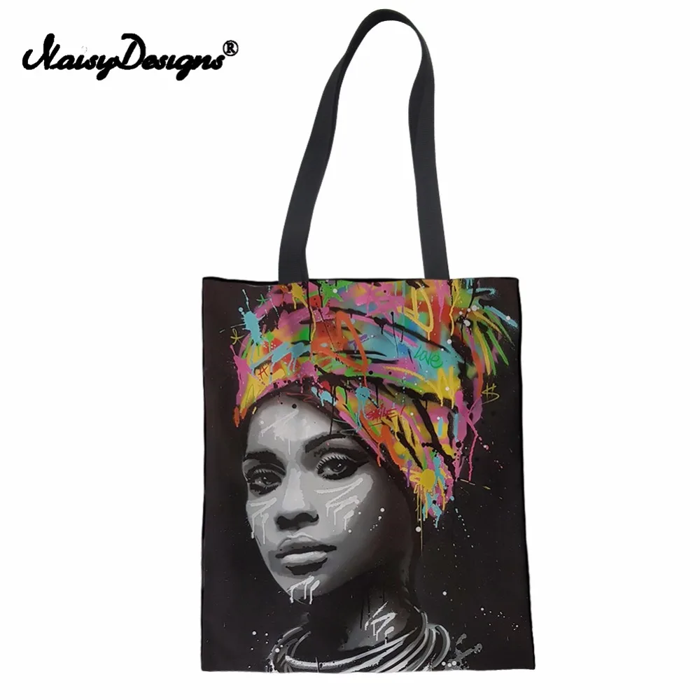 Noisydesigns Art Afro Lady Girls Prints Canvas Reusable Shopping Bag