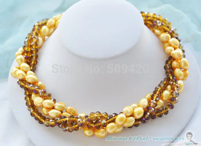 

Free Shipping >>BW1447 4row 18" yellow baroque pearl faceted crystal bead necklace
