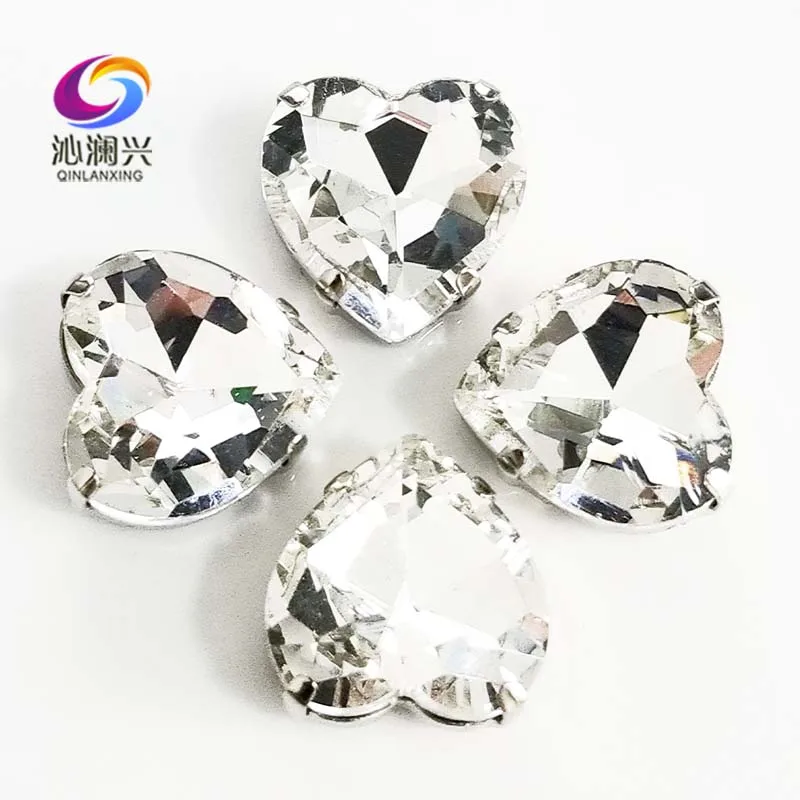 

White heart shape top quality Glass Crystal claw rhinestones,sew on stone with holes for Diy Clothing accessories SWH01