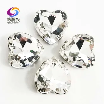 

White heart shape top quality Glass Crystal claw rhinestones,sew on stone with holes for Diy Clothing accessories SWH01
