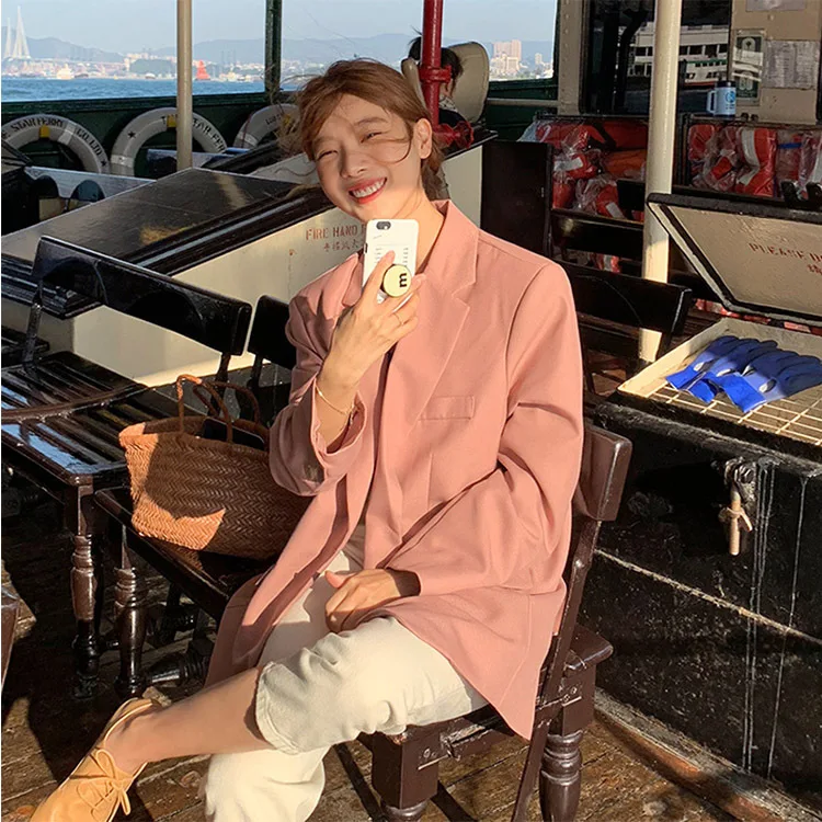 2019 Spring Sweet Pink Hundred Take Medium and Long Loose Suit Jacket Button Single Breasted Solid Full Women Coat and Jackets