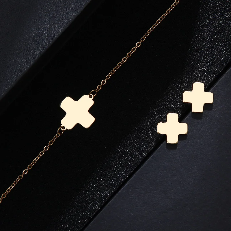 CACANA Stainless Steel Sets For Women Red Cross Shape Necklace Bracelet Earring Jewelry Lover's Engagement Jewelry S289