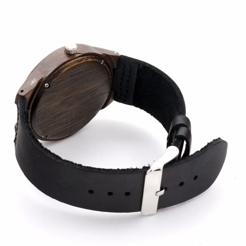 BOBO BIRD Nature Ebony Wooden Quartz Wrist Watch Green Wood Dail for Men Women with Genuine Leather Band in Gift Box