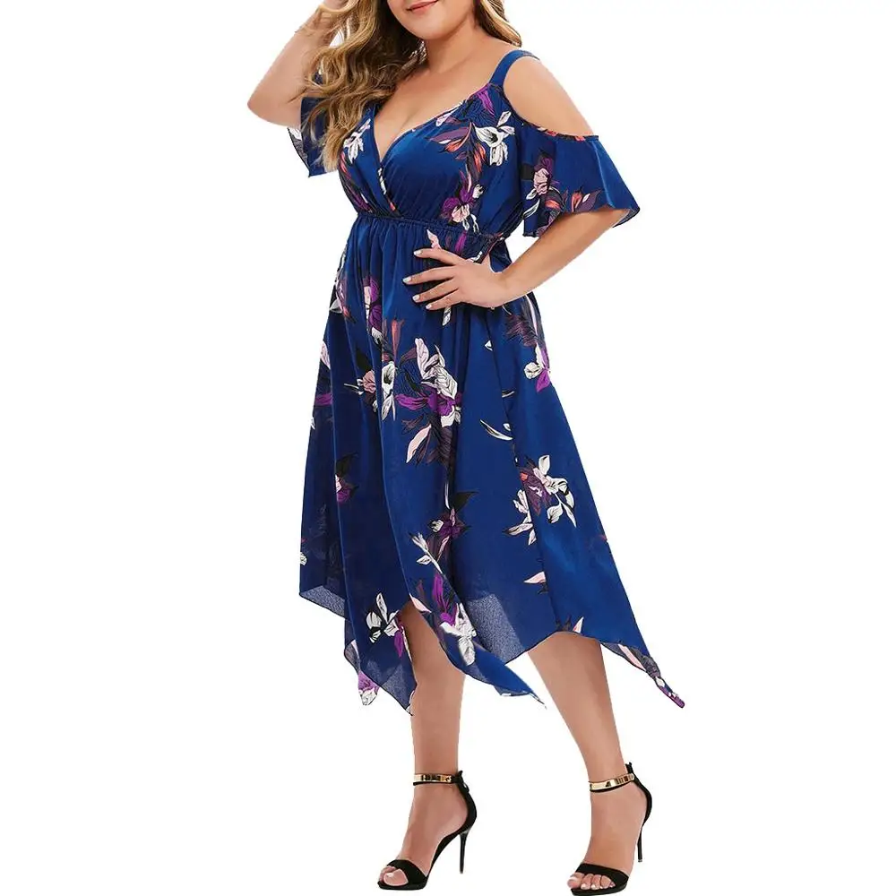  Party Floral Printed Handkerchief Deep V-Neck Curved Hem Sexy Off Shoulder Backless Fashion Summer 