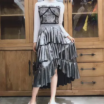 

2019 high waist spandex waist metallic silver color ruffles skirts women fashion layers ruffles cake skirts female long skirt