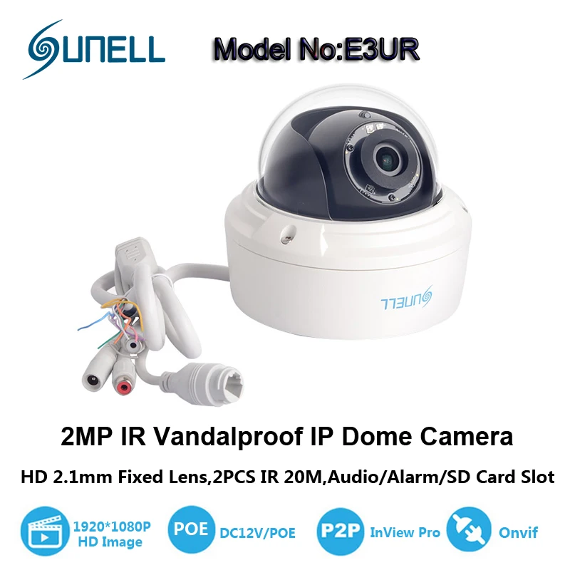Sunell 2 Megapixel HD 2.1mm Fixed Lens 120 degree Wide Angle Water-Proof Vandal-Proof Network Dome IP Camera,Audio/Alarm/SD Card