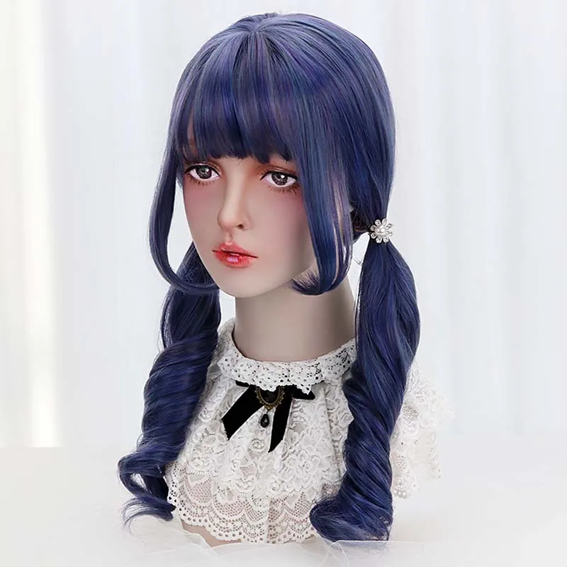 2" синтетические волосы синие длинные волны Лолита парики с челкой косплей вечерние парики для женщин Япония Харадзюку Лолита Парики термостойкие