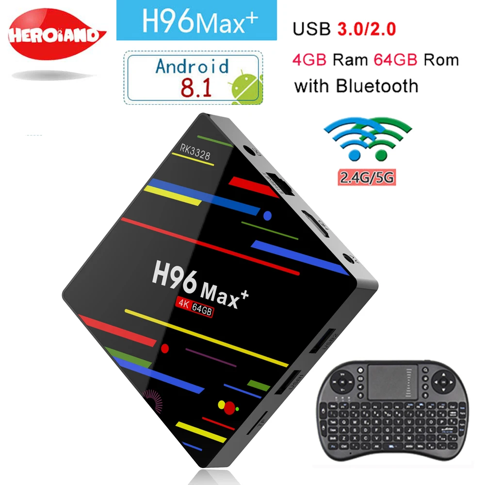 

H96 MAX Plus Smart TV Box Android 8.1 RK3328 Quad Core 4GB 64GB WIFI USB3.0 H.265 4K GooglePlay Netflix set top box+i8 Keyboard