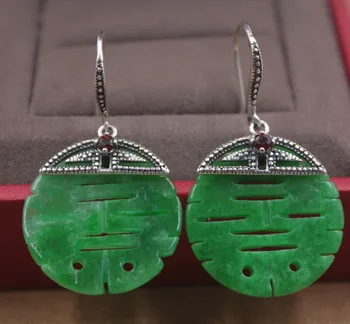 

Pure S925 Silver Dangle Earrings Round Green Jadeite Women's Earrings 31mmLFashion New