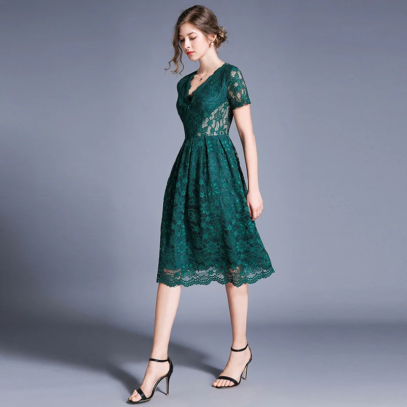 S-XXL Весна Лето Женское платье цветочный узор темно-зеленые кружева платье бальное платье v-образный вырез выше колена милое зеленое платье