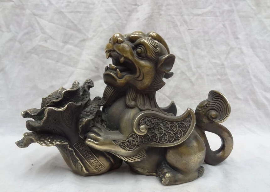 

song voge gem S5114 10" Chinese Bronze FengShui Cabbage Coin RuYi PiXiu Lion Unicorn Kylin Statue