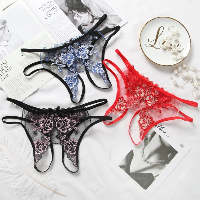 

Hot Sale Embroidery Panties Thongs Sexy Women Transparent Floral Briefs Ladies Crotchless Sexy Underwear High Quality