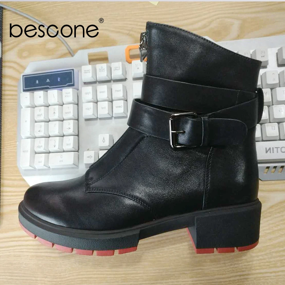 Talons Fermeture Chaussures Véritable Décontracté Bottines De Bescone Confortable À Cuir M46 Sangle Glissière Bout Bas Rond Boucle Dame En Carré Black Bottes 7Yqx7wvF