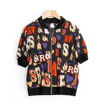 Шелк с Женская мода Разноцветные Письмо Печатные кардиган на молнии пальто с коротким рукавом тонкая куртка M/L оптом и в розницу