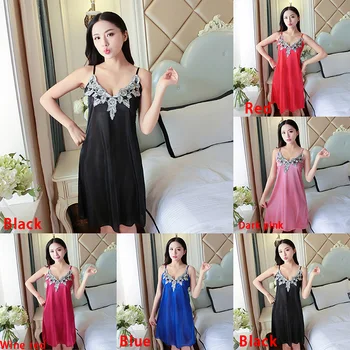 

Night Dress Nightgown Sexy Nightwear Lace Patchwork Camisola Lingerie Night Silk Dress Sleep Wear Nightdress Clothes