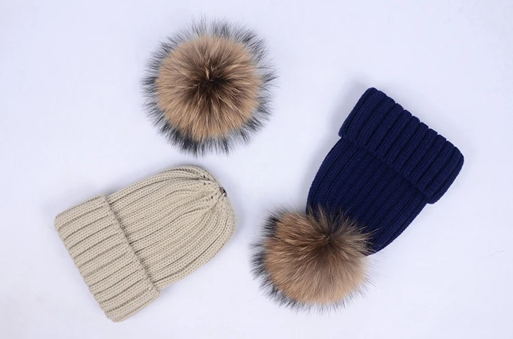 2017 шапка с помпоном из натурального меха енота толстая зимняя для женщин шапки