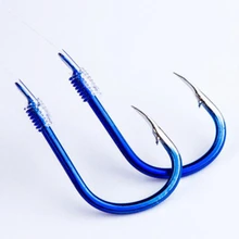YINGTOUMAN, 2 шт./лот, завязанный рыболовный крючок, готовая прядь, двойной крючок с колючими крючками, набор, синий, 1#-10#, острые рыболовные снасти