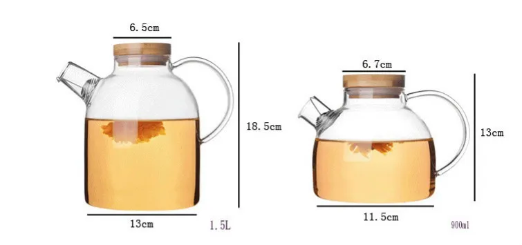 Утолщенное прозрачное стекло холодной воды Термостойкое. Стеклянный чайник с бамбуковой крышкой. 1 л