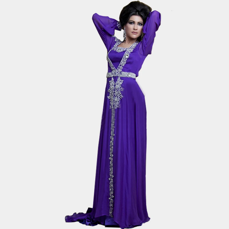 Sexy African Prom Dress Long Sleeves Purple Chiffon Crystal Beaded Arabic Dubai Abaya Kaftan