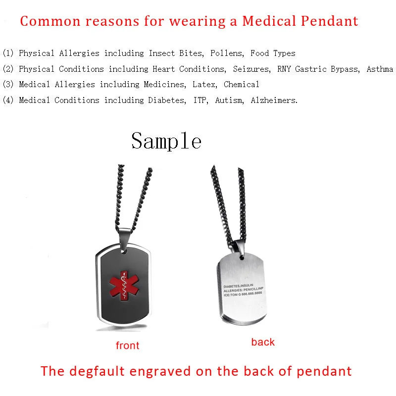 На заказ гравировка диабет диабетик медицинский оповещение Тег Кулон ожерелье в эмалью черный и красный цвет- Персонализация