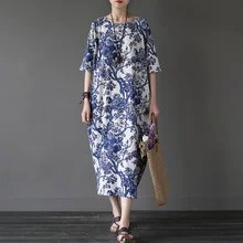 Johnature, новинка, летнее хлопковое белье, винтажное Цветочное платье, женское осеннее платье, короткий рукав, o-образный вырез, вареные платья размера плюс, свободные платья