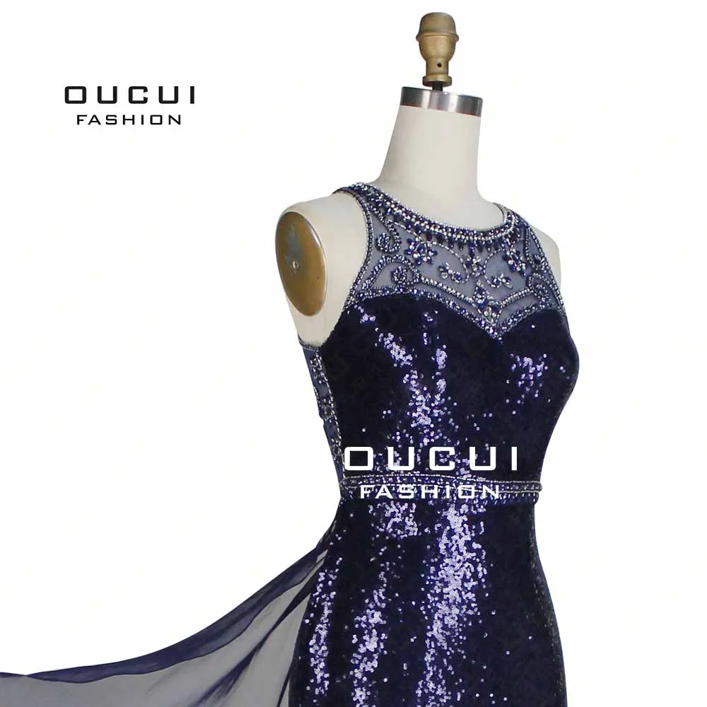 Темно-синее вечернее платье из тюля с блестками, новое вечернее платье Русалка, украшенное бисером и кристаллами, сексуальное прозрачное