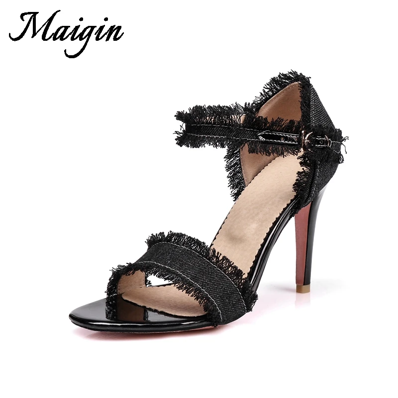 Maigin High Heels Denim Women Sandals Peep Toe Navy Blue Sandals Buckle Strap Footwear 2018 Big Size 34-43 Ladies Summer Shoes