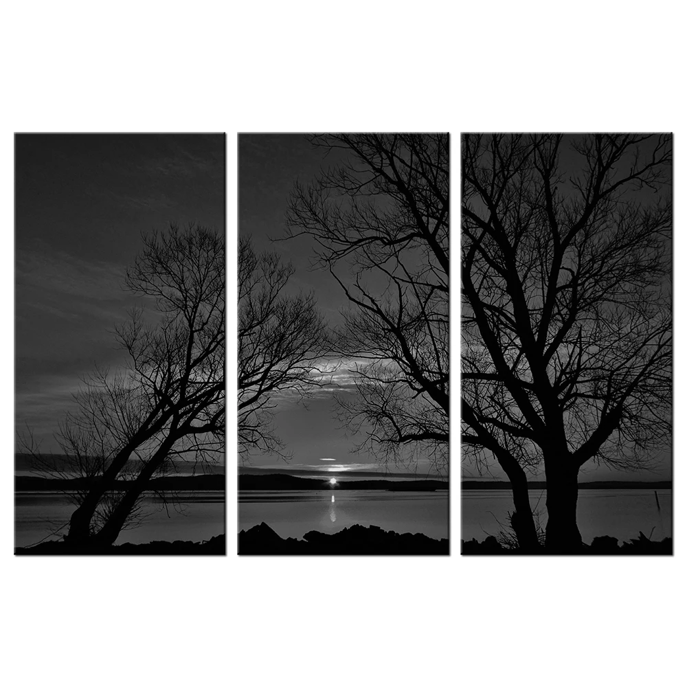 

3 Piece Canvas Wall Art Print Sunset Poster Large Tree Branches Painting Modern Landscape Pictures Black And White Artwork