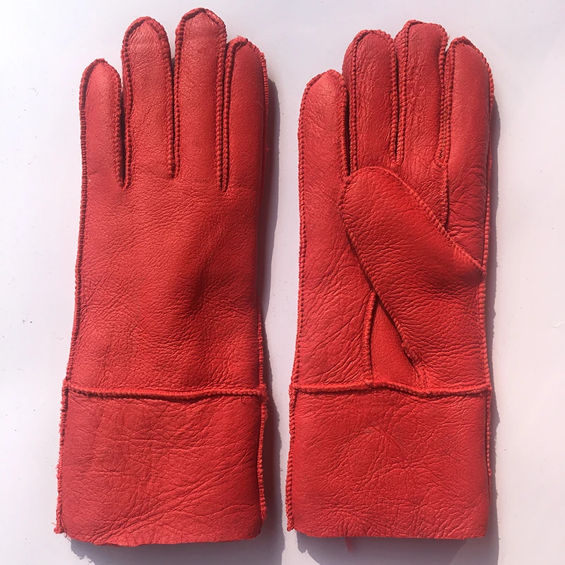 Women Winter Leather Gloves New 100% Real  Leather Gloves Sheepskin Ladies Warm Gloves & Mittens Thicken Hand Warmer Red N32