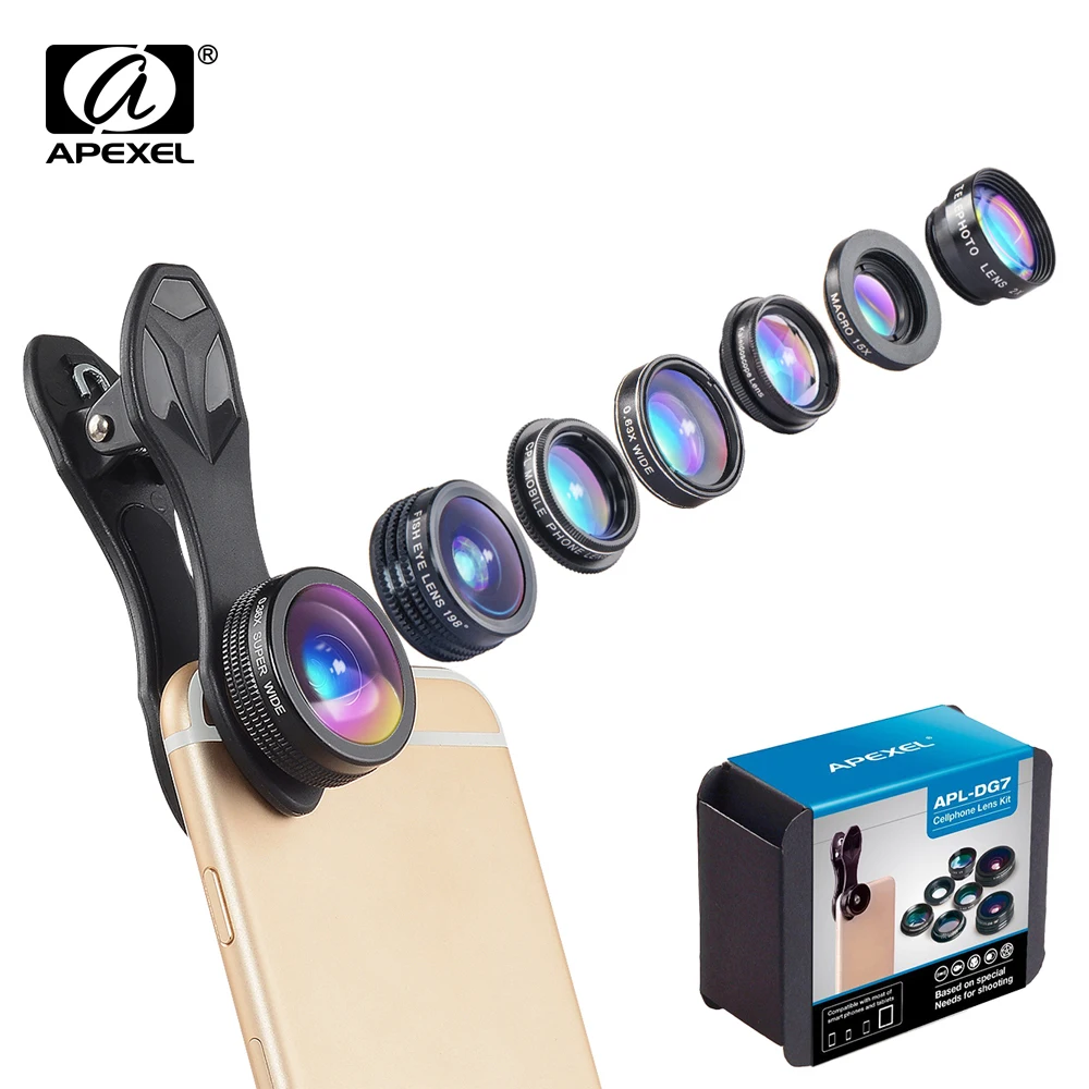 

Phone Camera Lens APEXEL 7 in 1 Kit Fish Eye Wide Angle/macro Lens CPL Kaleidoscope and 2X telephoto zoom Lens for iPhone6s 7DG7