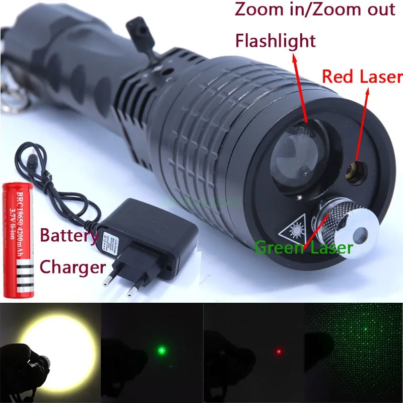 

3 in 1 Flashlight Green/Red Laser 4 modes 2000 LM Zoomable Led Light Lantern Torch LED Flashlights+18650 +Charger