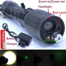 3 en 1 linterna verde/láser rojo 4 modos 2000 lm zoomable led linterna antorcha de la luz led linternas 18650 + cargador