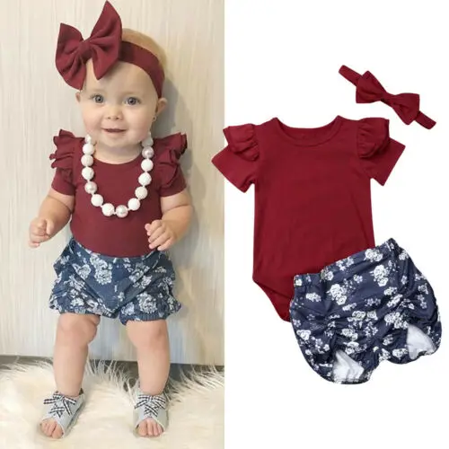 3pcs Baby Girl Newborn Toddlers Flower Headband+Top+Shorts Pants Outfit Clothes