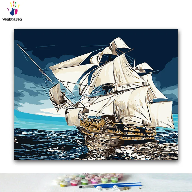 

DIY Coloring paint by numbers Boat traveling in the sea paintings by numbers with kits 40x50 framed