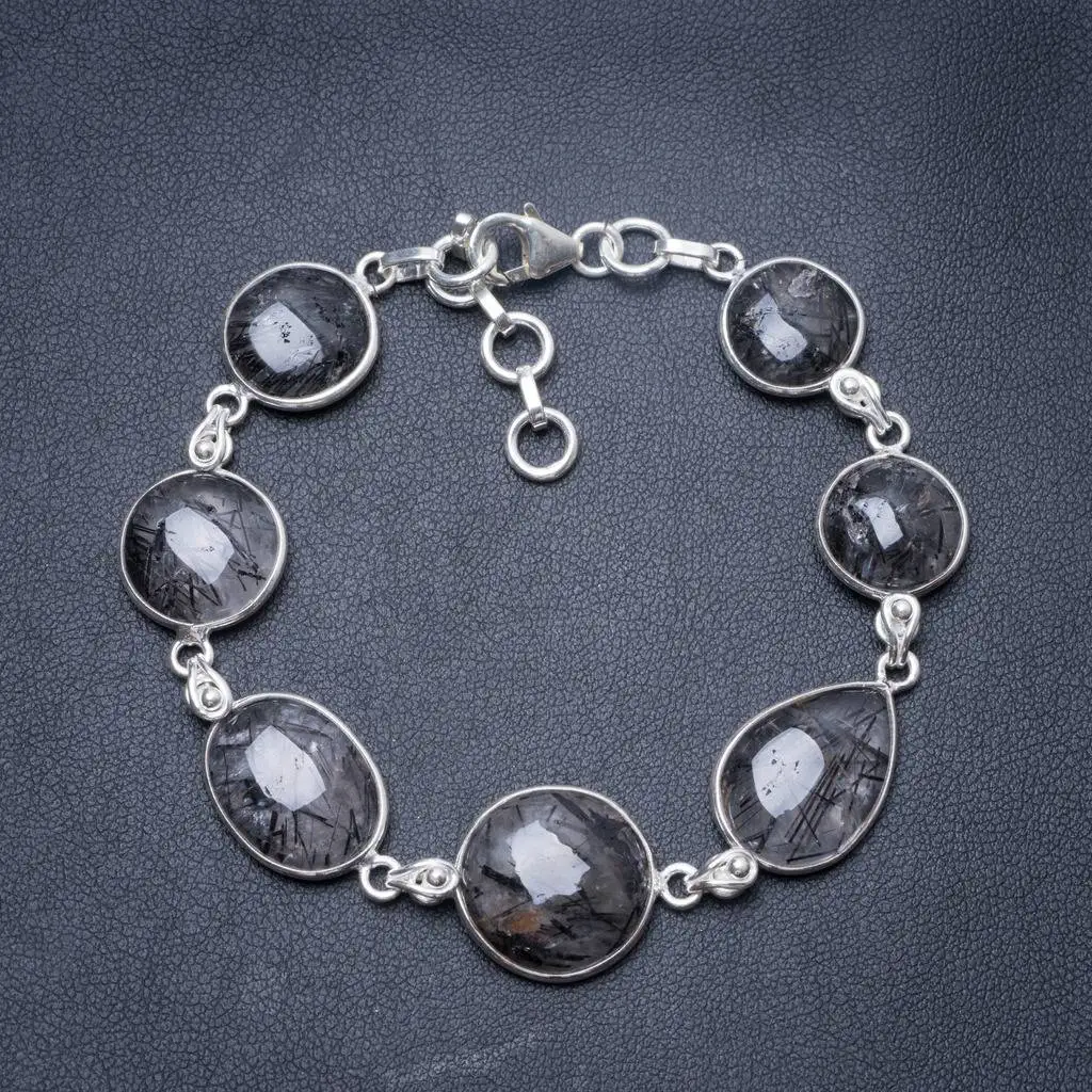 

Natural Tourmalinated Quartz Handmade Unique 925 Sterling Silver Bracelet 7 1/4-8 1/4" Y3442