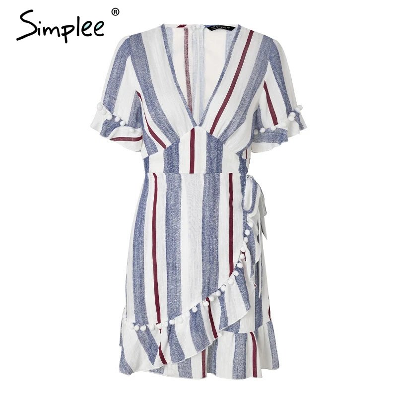 Женское летнее платье с запахом Simplee, в полоску, с оборками, хлопковое повседневное платье с V-образным вырезом, уличная одежда - Цвет: Stripe1